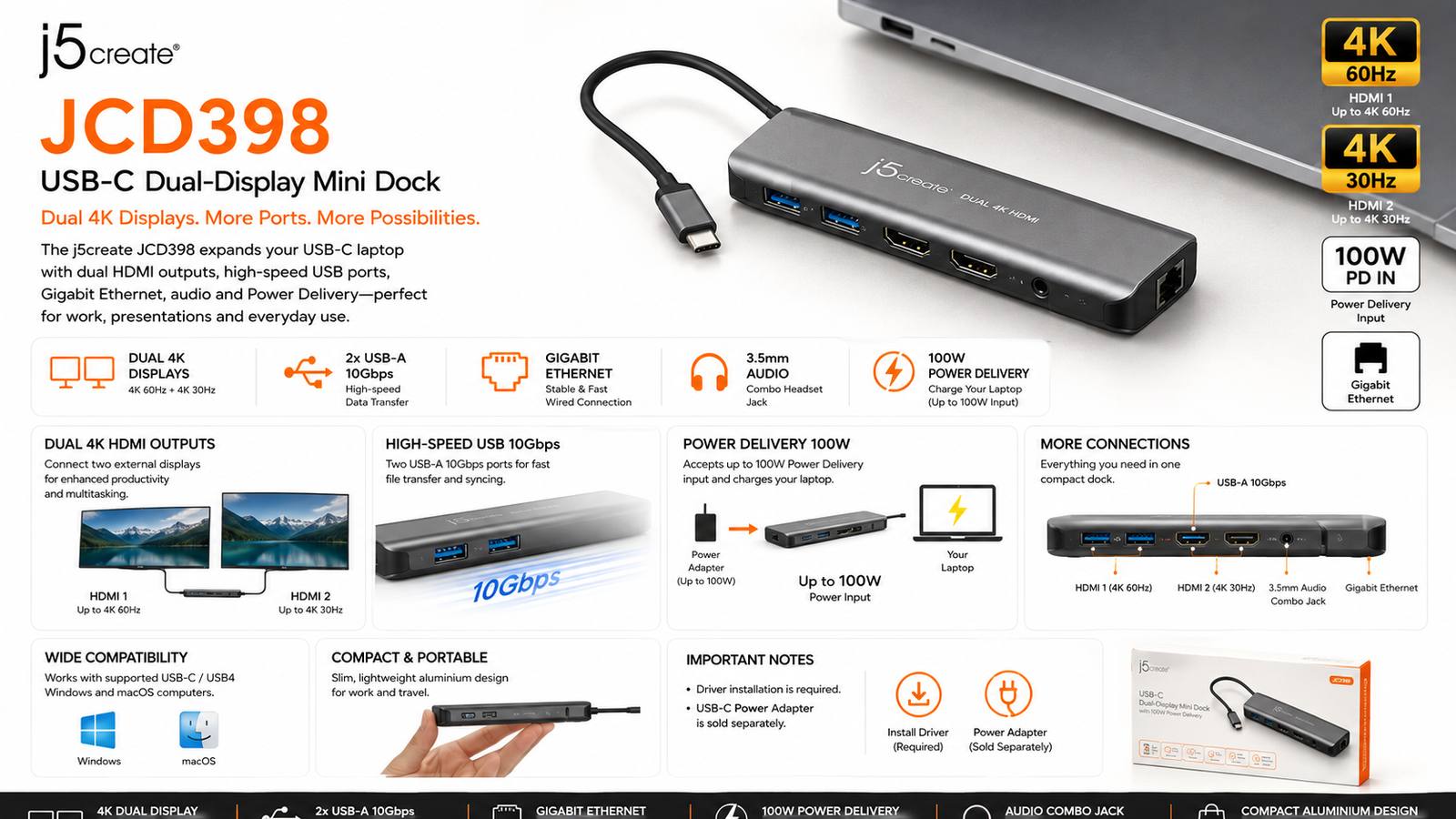 j5create JCD398, USB-C Dual 4K HDMI 10Gbps Mini Dock, 4K 60Hz and 4K 30Hz Dual Displays, 100W Power Delivery Pass-Through, 2x USB-A 10Gbps, Gigabit Ethernet, 3.5mm Combo Audio, Windows and macOS Compatible, Space Grey, 2-Year Warranty | JCD398